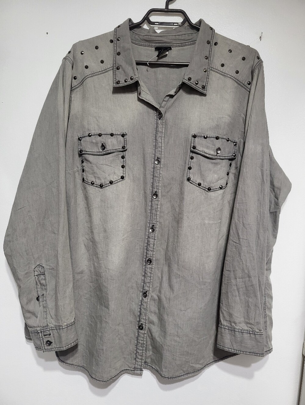 Torrid Button-Front Long Sleeve Studded Grey Denim Shirt